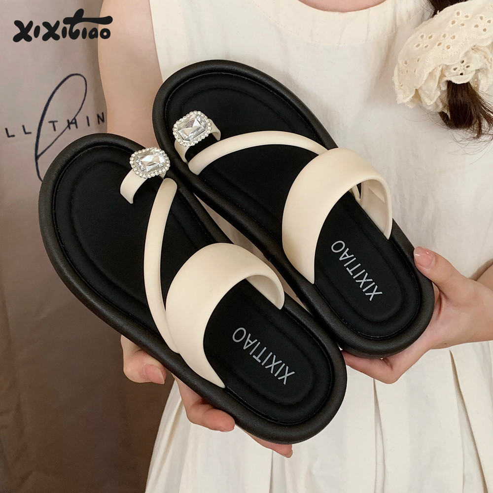 细细条 法式一字带夹脚拖鞋女高级感方钻平底时尚夏季拼色人字拖,居家布艺,居家凉拖/凉鞋,淘宝优惠券,粉丝福利购,淘宝优惠卷