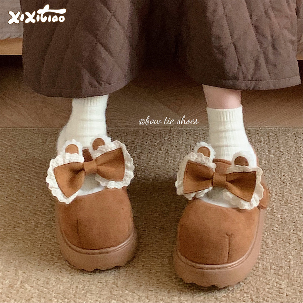 细细条甜美花边蝴蝶结魔术贴棉鞋