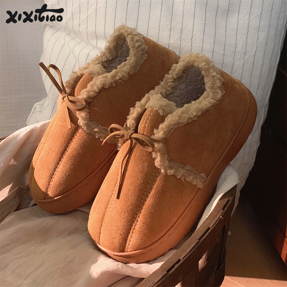 细细条日系蝴蝶结秋冬乐福棉鞋