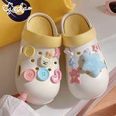 韩系彩色纽扣包头凉拖鞋 可爱小熊夏季 款 细细条 海边度假洞洞鞋 女