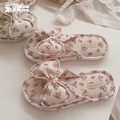 通用防滑卧室地板鞋 少女心四季 ins 韩系碎花蝴蝶结亚麻拖鞋 细细条