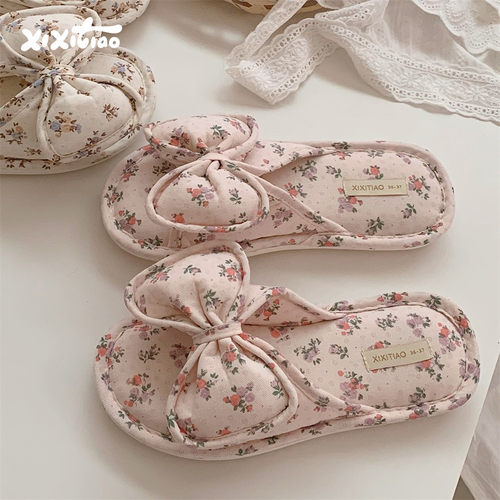 细细条网红碎花蝴蝶结棉麻拖鞋