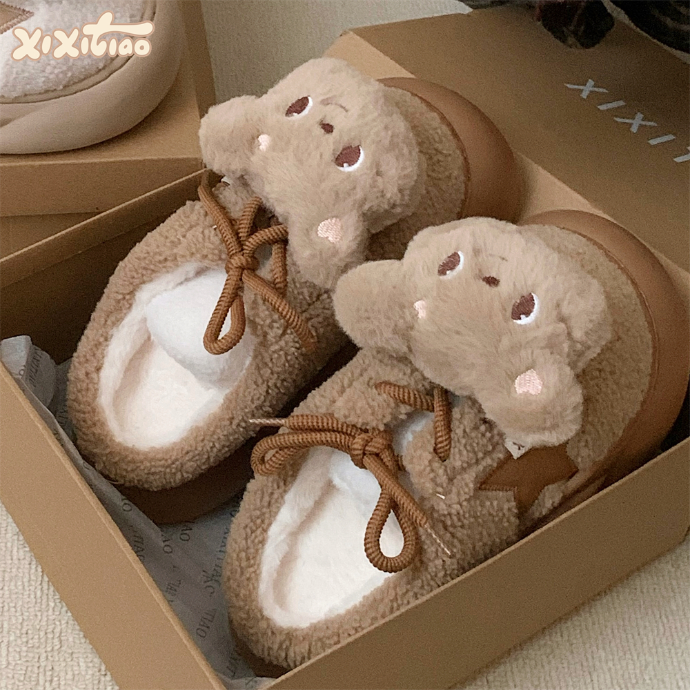 细细条立体毛绒小熊系带板鞋