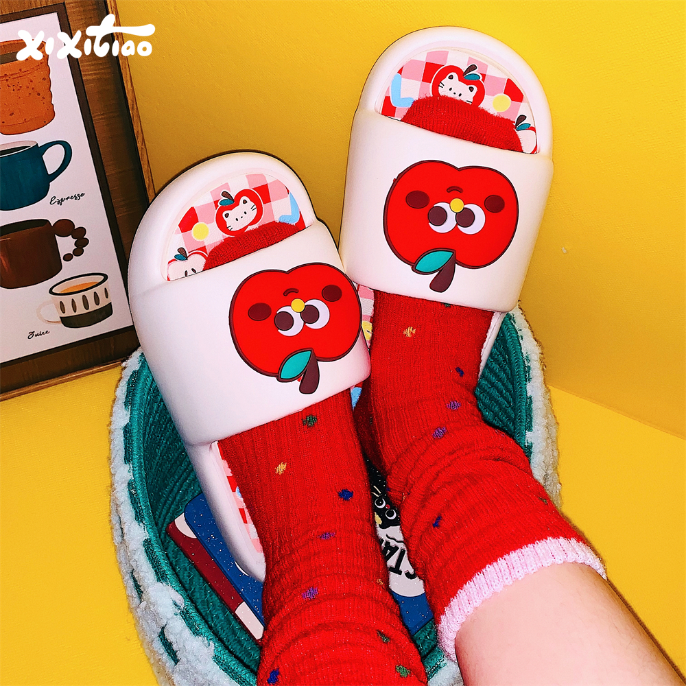 细细条趣味撞色格子红苹果凉拖鞋