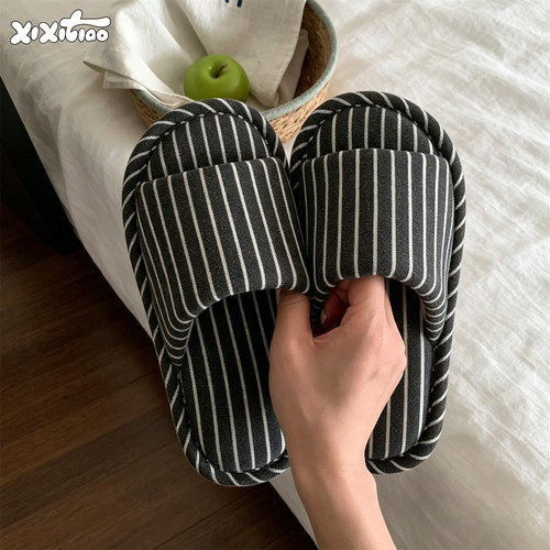 细细条日系黑白条纹棉布拖鞋