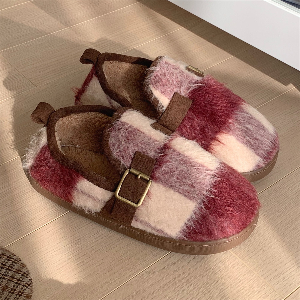 细细条撞色格子秋冬平底勃肯鞋