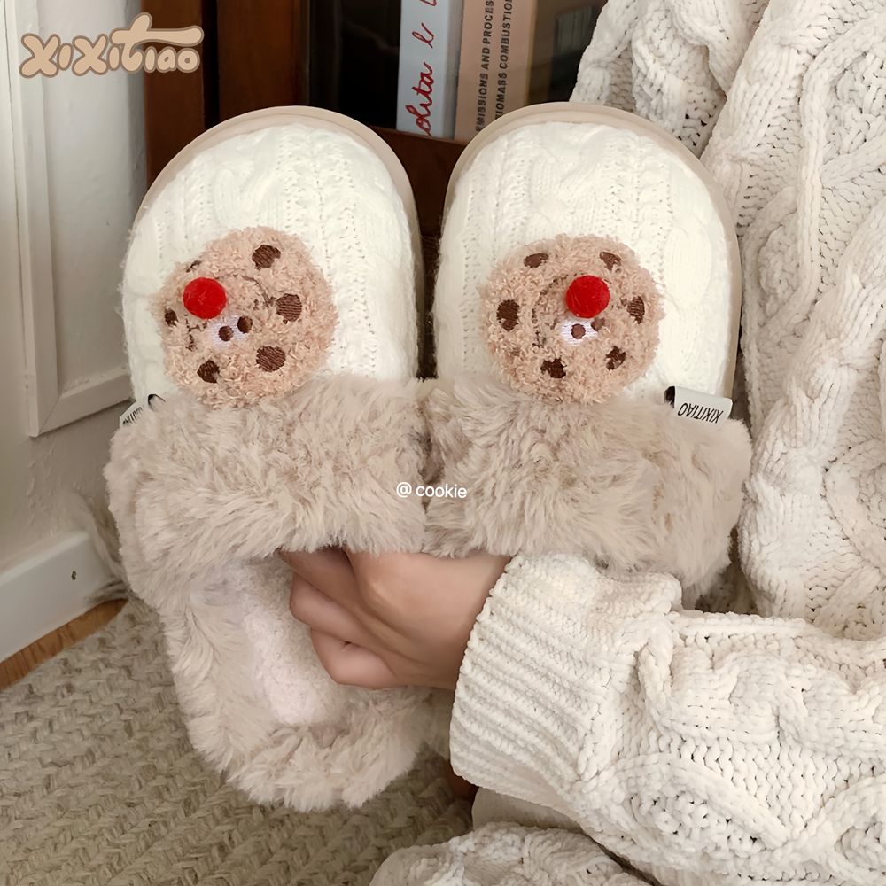 细细条红鼻子曲奇饼干棉拖鞋