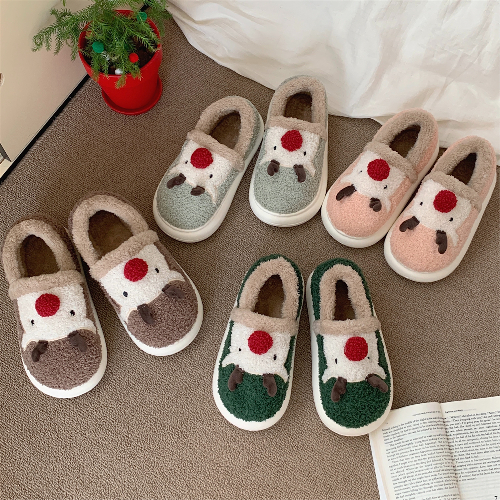 细细条 男女冬保暖防滑月子鞋趣味创意圣诞红鼻子麋鹿包跟棉拖鞋