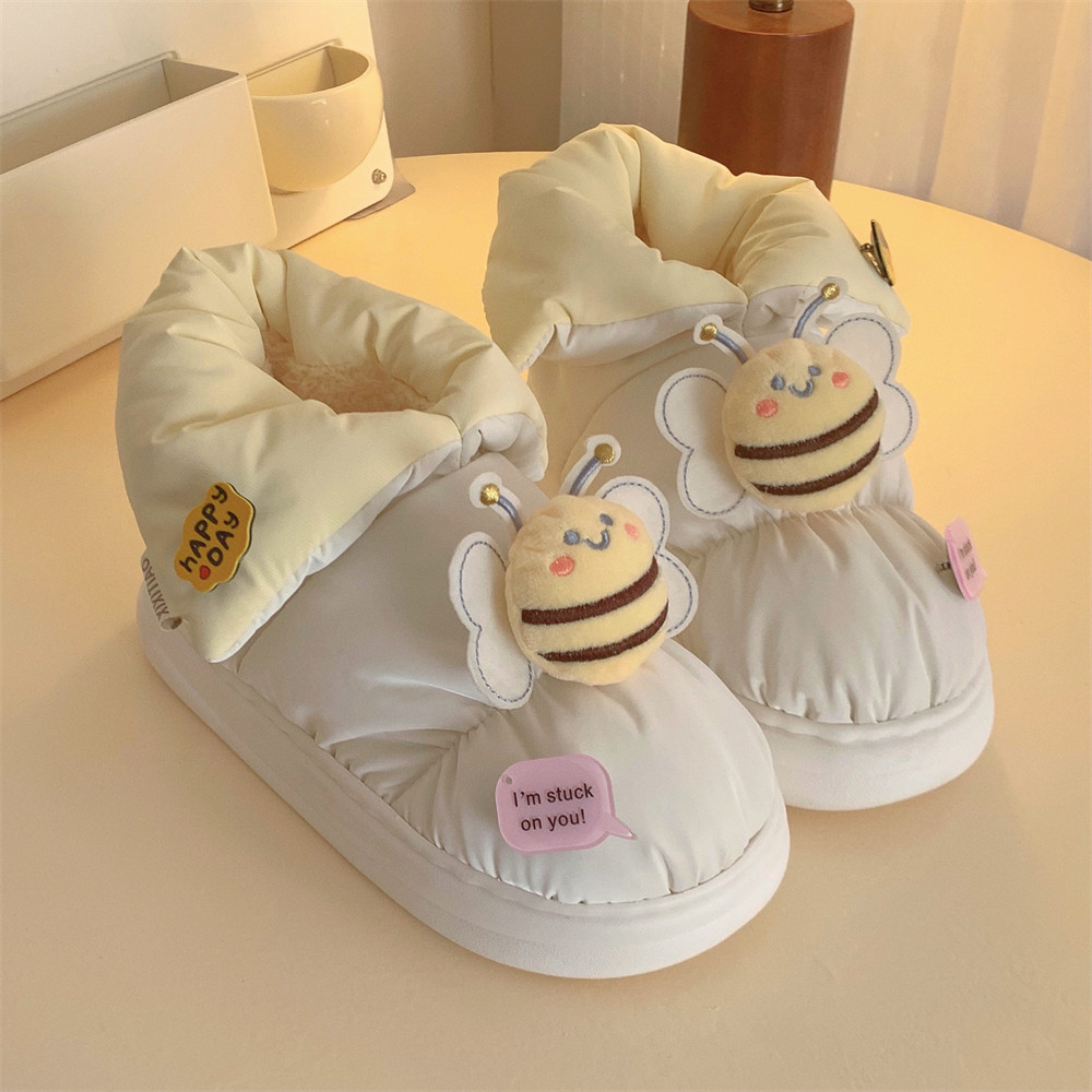 细细条 冬季少女心可爱小蜜蜂面包棉鞋保暖加绒防水拼色雪地靴女