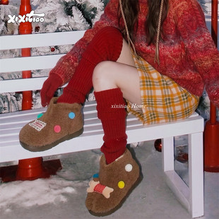 细细条 多巴胺可爱羊羔毛雪地靴短筒棉靴女冬保暖加绒毛毛鞋ins潮