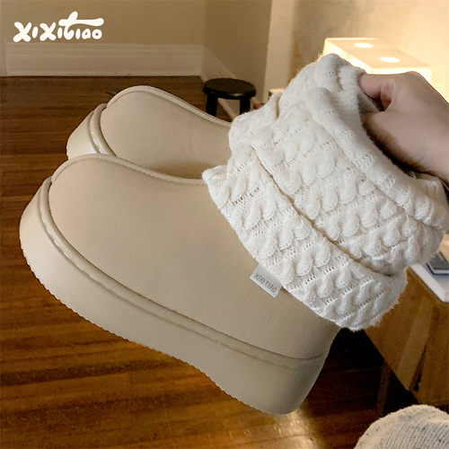 细细条针织毛线松糕厚底中筒靴