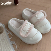 保暖加绒懒人包头棉鞋 女时尚 室内外穿冬季 细细条 仿魔术贴棉拖鞋