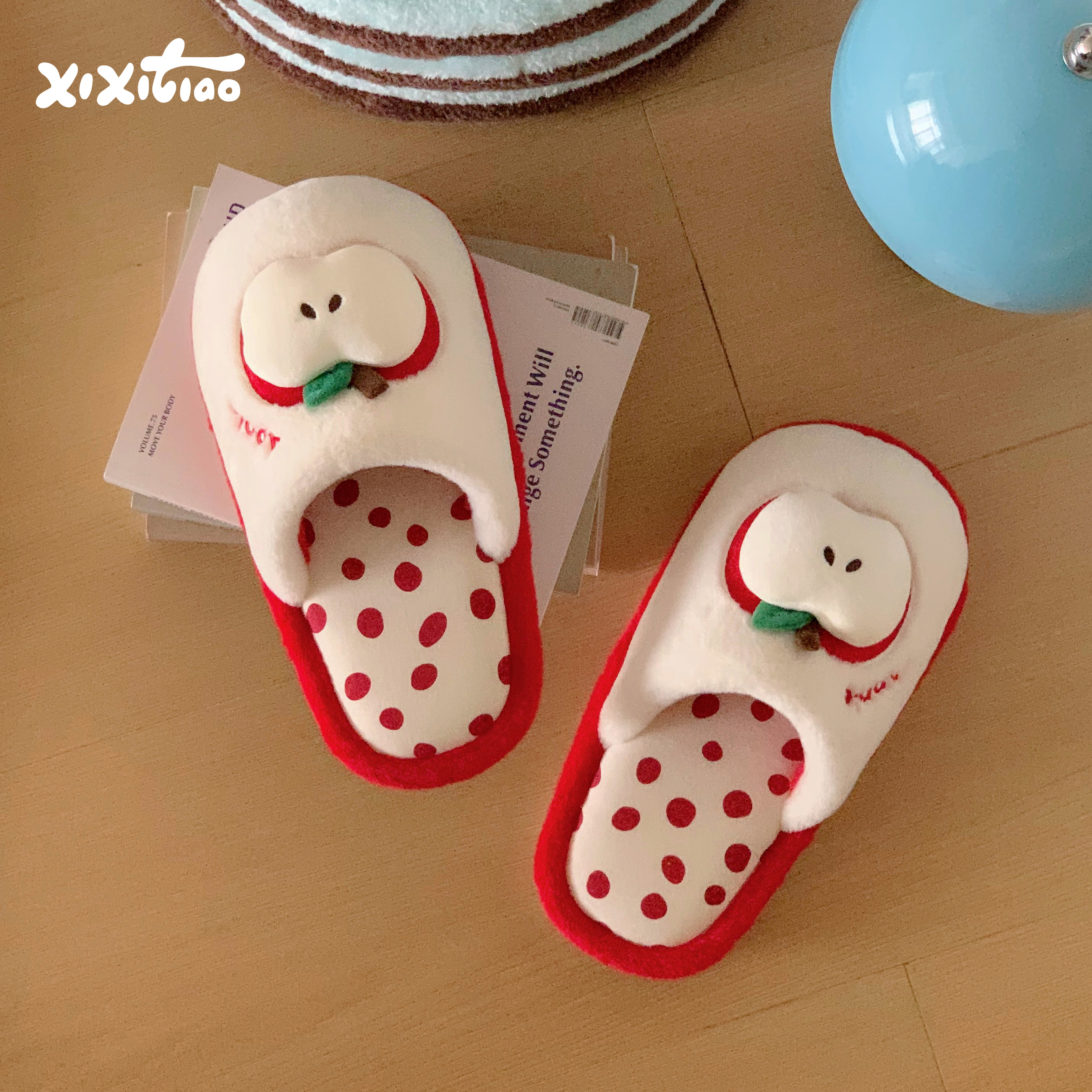 细细条韩式可爱苹果片棉拖鞋