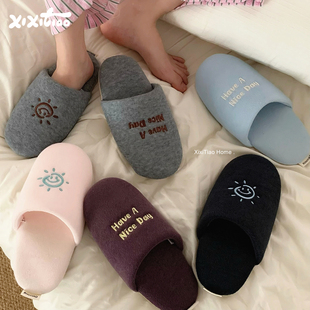 细细条 复古创意刺绣静音地板鞋情侣居家防滑秋冬软底棉拖鞋男女