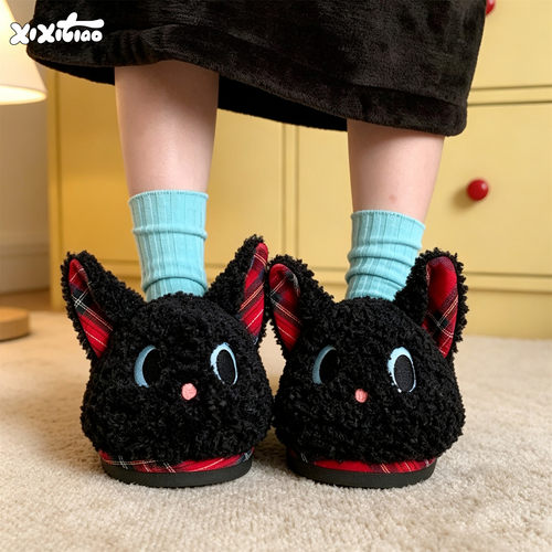 细细条长耳小黑猫包跟月子鞋