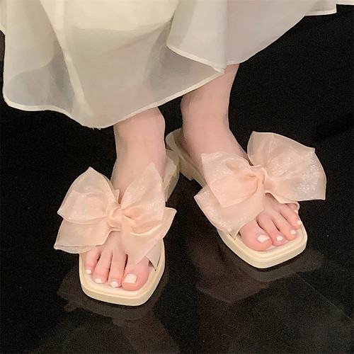 细细条仙女风网纱蝴蝶结一字拖鞋