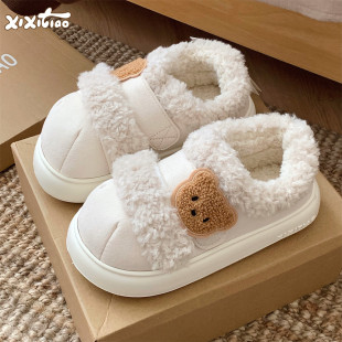 百搭防滑外穿女士羊羔毛面包鞋 细细条 新款 可爱小熊厚底板鞋 冬季