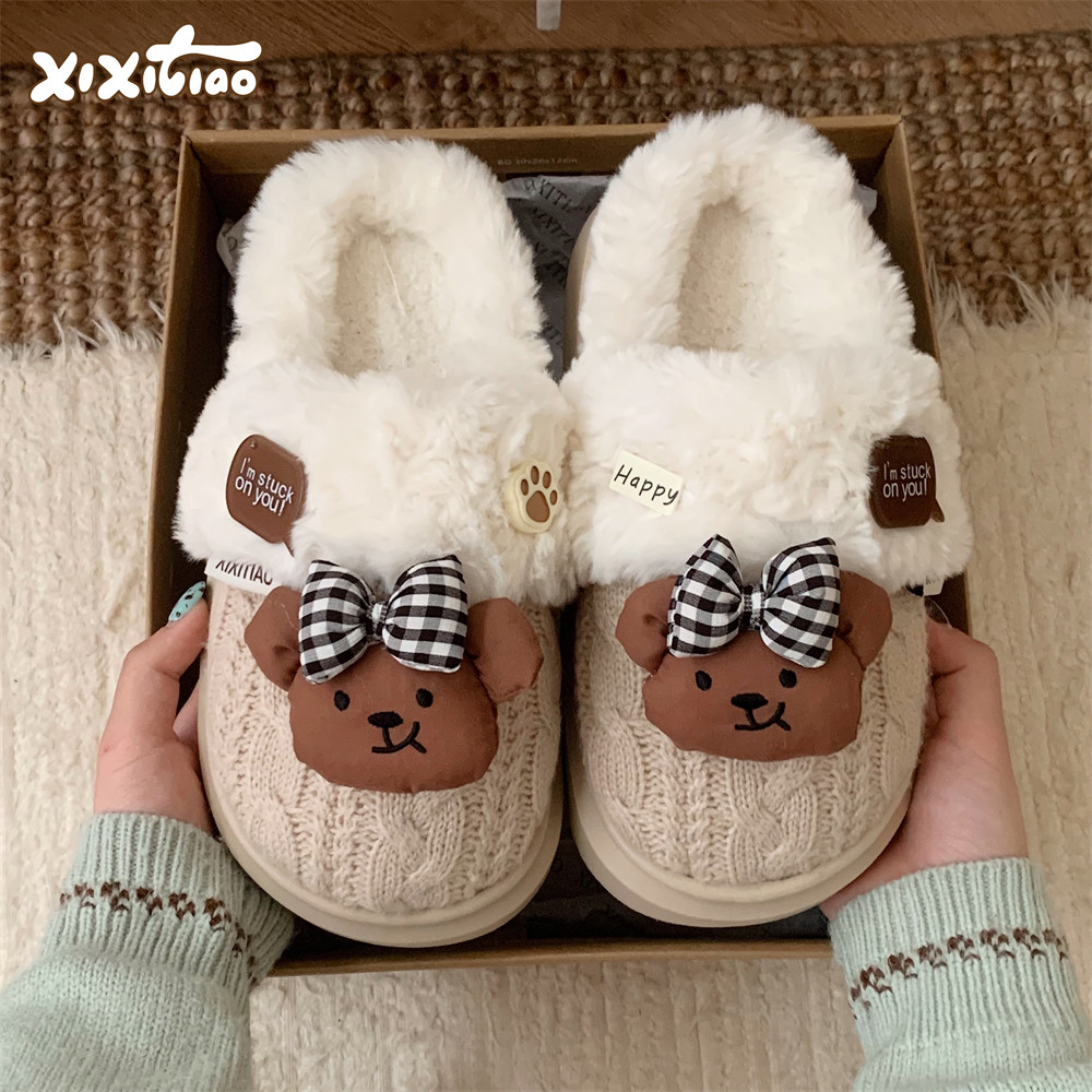 细细条可爱蝴蝶结小熊棉拖鞋
