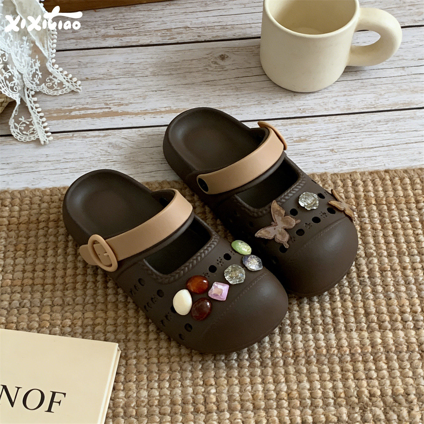 细细条 复古庄周梦蝶diy洞洞鞋女夏外穿波西米亚蝴蝶防滑沙滩凉拖