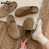 女春夏懒人外穿防滑软底一脚蹬包头半拖鞋 细细条 真皮复古勃肯鞋