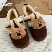 勃肯鞋 保暖加绒复古拼色冬季 女 软萌小熊懒人休闲外穿棉鞋 细细条