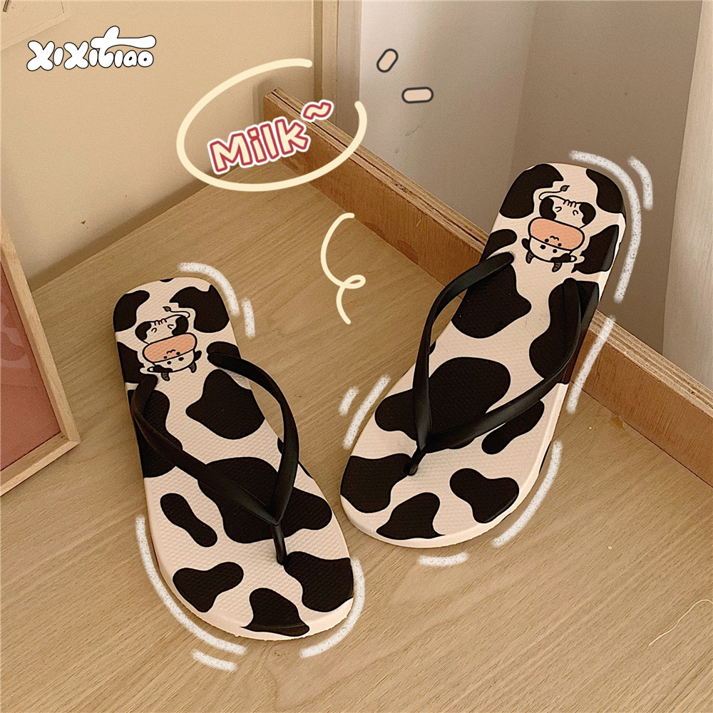 细细条卡通奶牛情侣人字拖