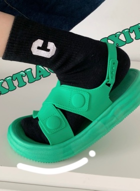 细细条 凉鞋女夏季学生运动风个性韩版ins网红绿色交叉平底沙滩鞋