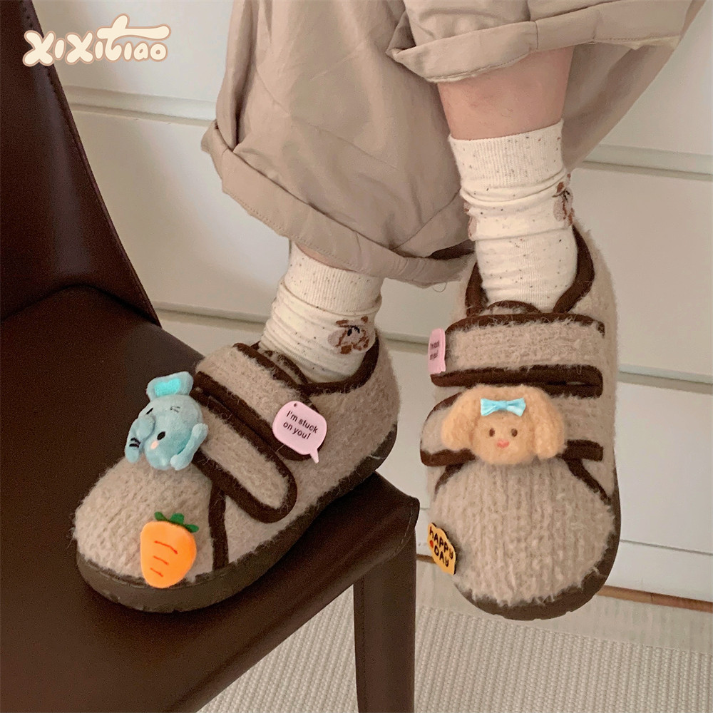 细细条 日系魔术贴休闲毛毛鞋女创意可爱小象简约拼色冬季豆豆鞋,女鞋,棉鞋,淘宝优惠券,粉丝福利购,淘宝优惠卷