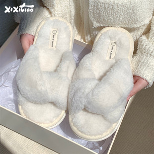 细细条 舒适保暖冬季 防滑居家棉拖鞋 女温柔简约风交叉带毛毛拖鞋