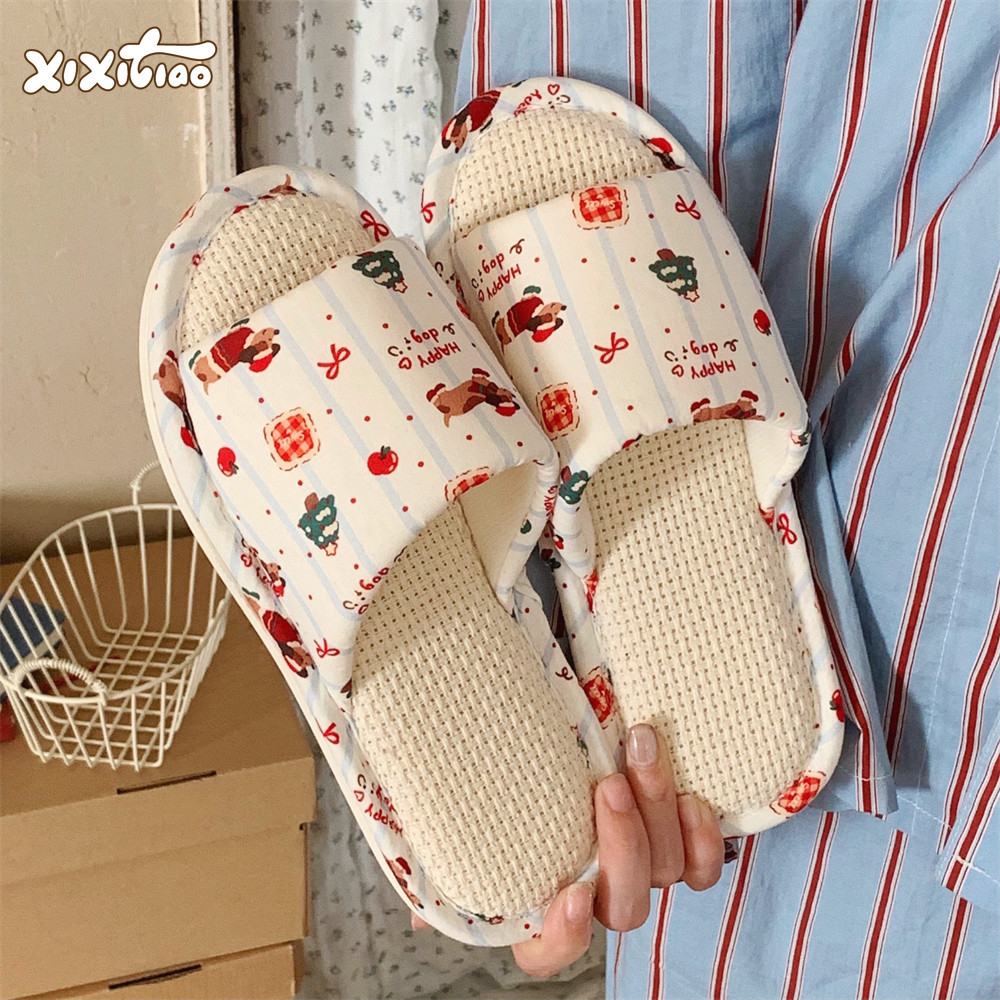 细细条圣诞树趣味小狗亚麻拖鞋