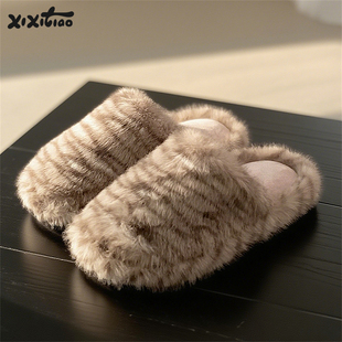 毛毛鞋 女室内家居防滑保暖冬季 高级感动物纹银虎斑棉拖鞋 细细条