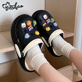 男女户外防滑洞洞鞋 细细条 ins潮创意可爱小怪兽包头凉拖沙滩鞋 夏