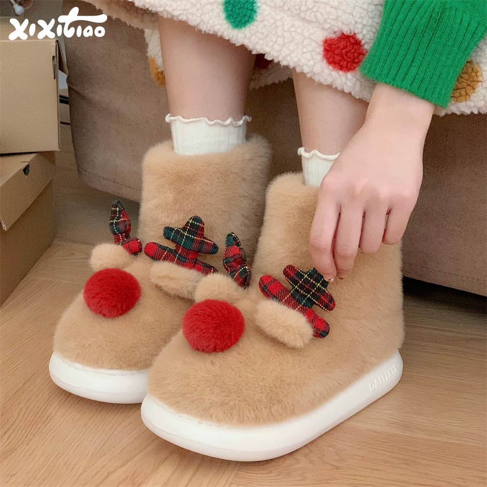 细细条 女冬2025新款可爱时尚中筒棉靴网红圣诞麋鹿户外穿雪地靴,女鞋,时尚雪地靴,淘宝优惠券,粉丝福利购,淘宝优惠卷