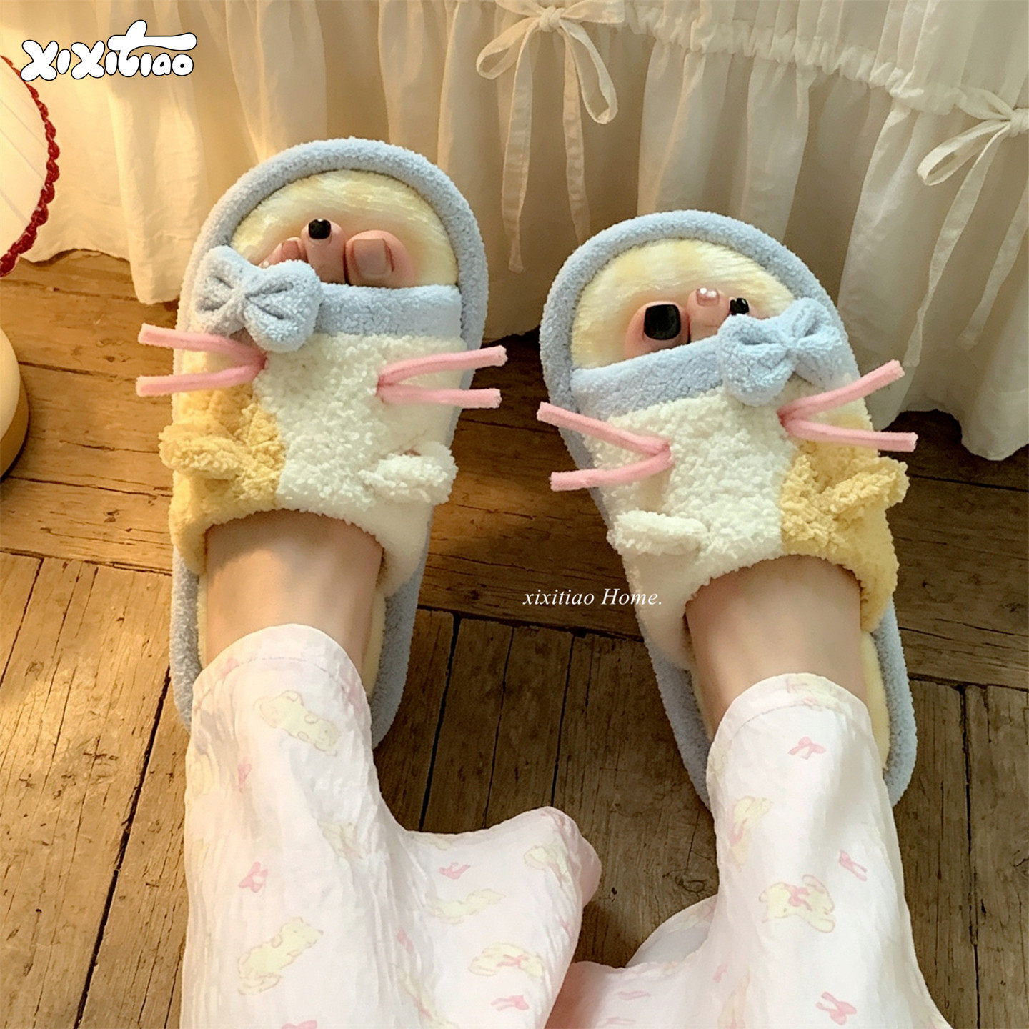 细细条 甜美蝴蝶结猫咪软底一字棉拖女生秋冬日系舒适居家棉拖鞋
