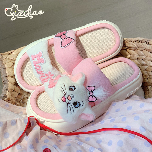 细细条可爱玛丽猫居家亚麻拖鞋