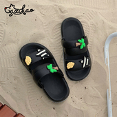 厚底防滑创意椰树情侣双带拖鞋 夏季 男女海边度假沙滩凉鞋 细细条