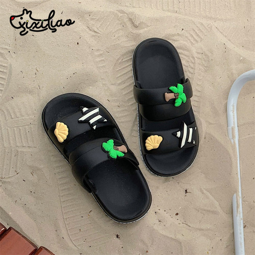 细细条 男女海边度假沙滩凉鞋夏季厚底防滑创意椰树情侣双带拖鞋