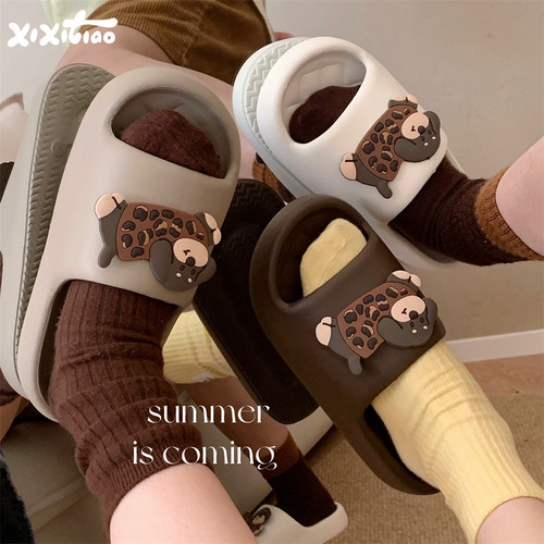 细细条可爱豹纹小狗情侣拖鞋