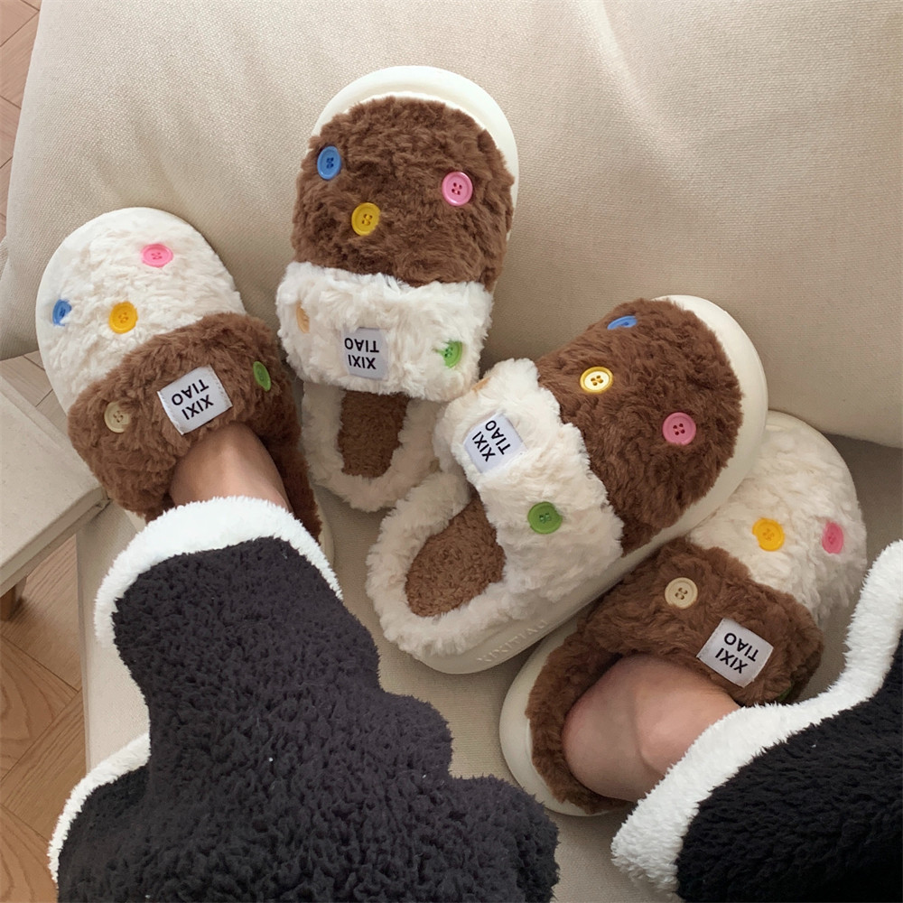 细细条 韩版ins潮创意纽扣棉拖鞋女士冬季防滑居家保暖拼色月子鞋,居家布艺,居家棉拖/棉鞋,淘宝优惠券,粉丝福利购,淘宝优惠卷