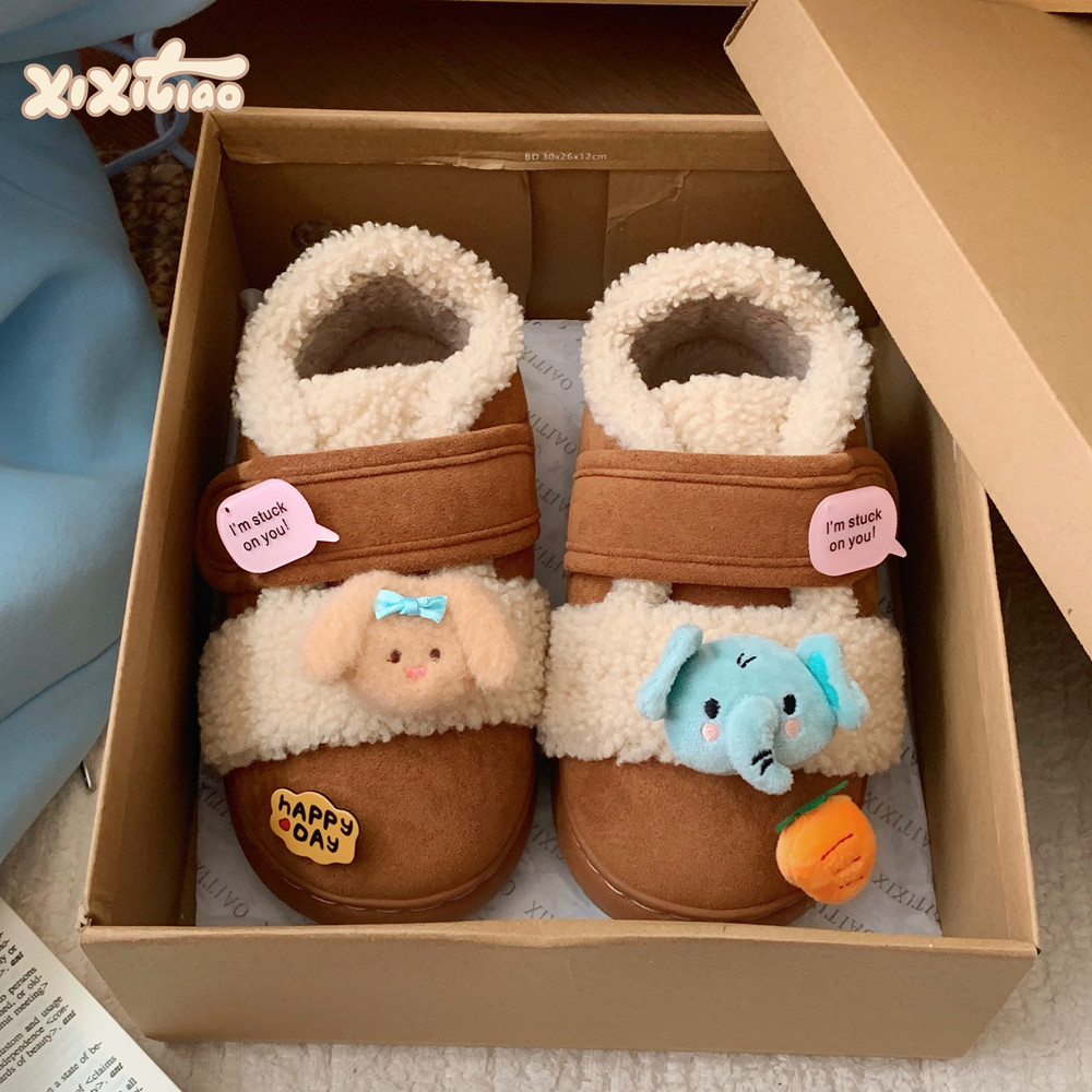 细细条可爱小象复古羊羔毛豆豆鞋