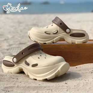 户外拿铁色情侣洞洞鞋 细细条 男女夏季 拼色厚底街头风凉拖鞋 时尚