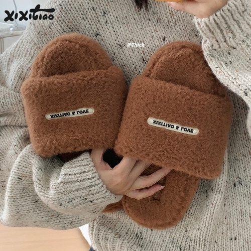 细细条网红时尚字母百搭毛毛拖鞋