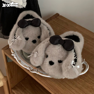 ins女士时尚 细细条 甜酷蝴蝶结兔子棉拖鞋 冬季 居家防滑可爱毛毛鞋