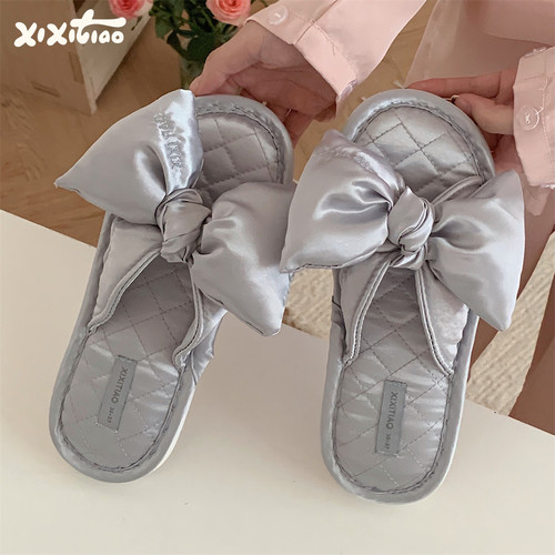细细条绸面蝴蝶结透气棉麻拖鞋