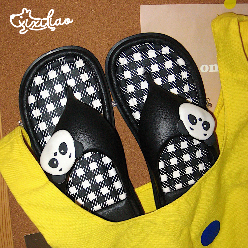 细细条可爱格子熊猫沙滩人字拖