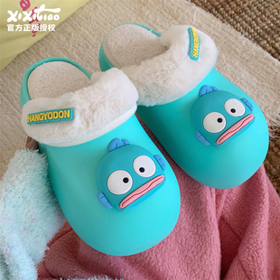 女冬可爱可拆卸防水丑鱼毛毛拖可外穿 人鱼汉顿棉拖鞋 细细条 正版