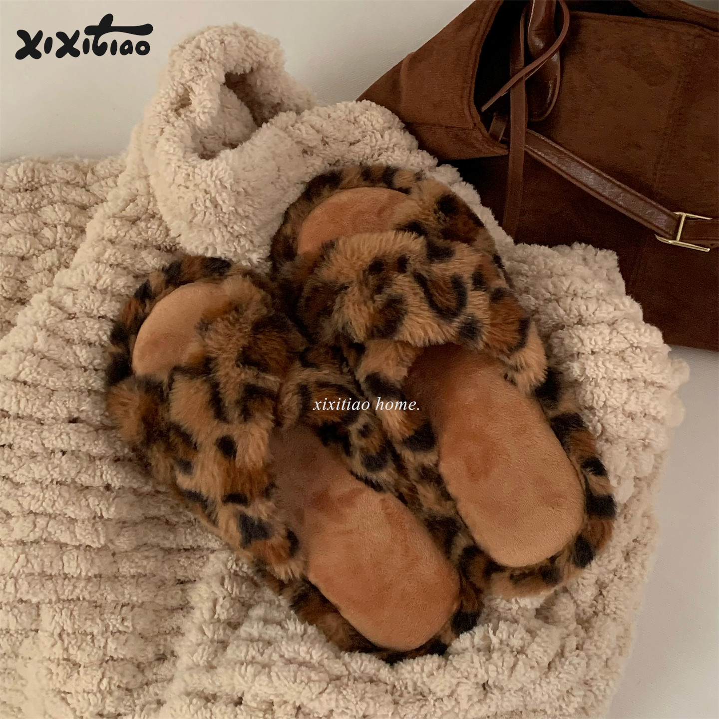 细细条 高级感豹纹交叉棉拖鞋女网红外穿防滑秋冬居家毛毛拖鞋ins,居家布艺,居家棉拖/棉鞋,淘宝优惠券,粉丝福利购,淘宝优惠卷