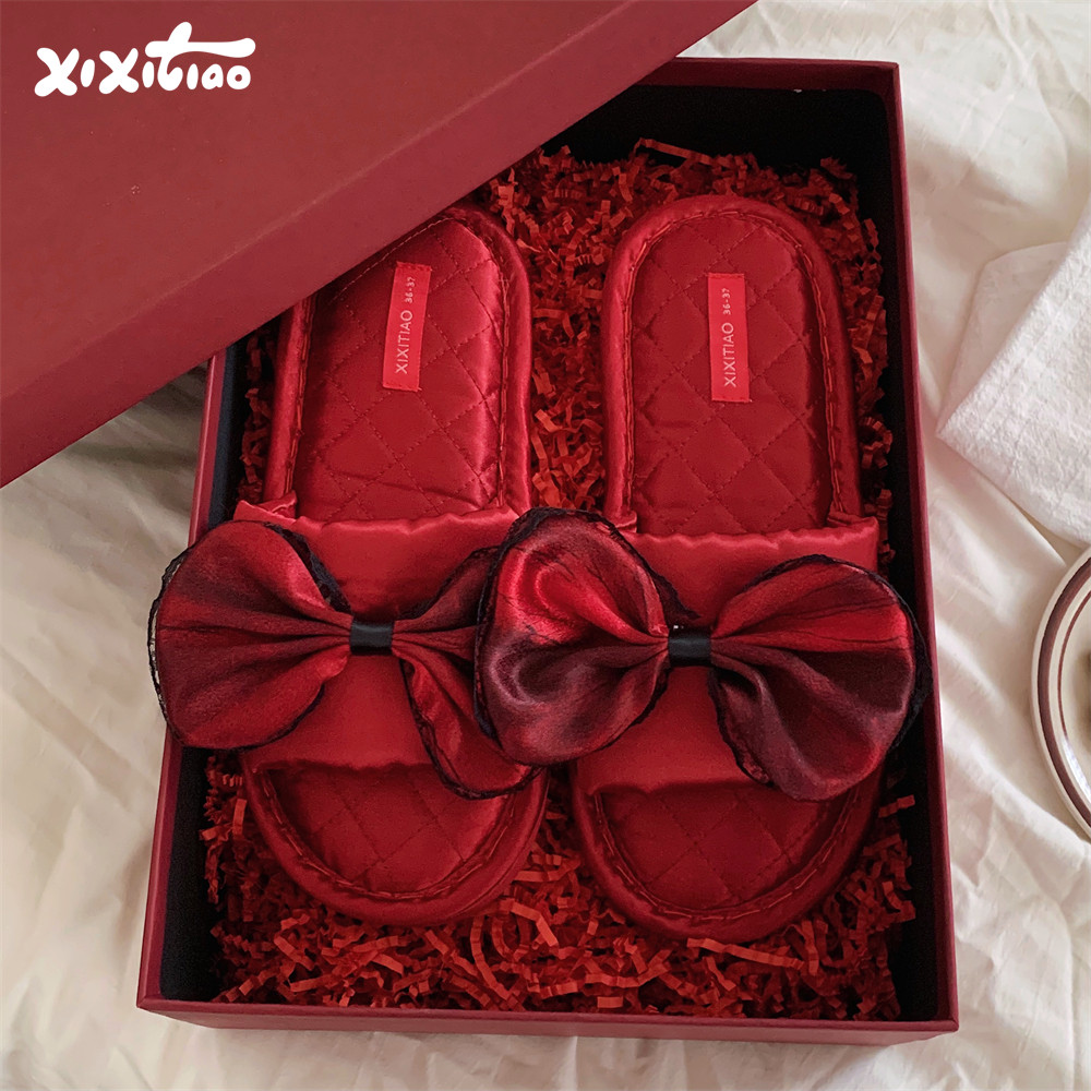 细细条 轻奢蝴蝶结棉麻拖鞋女四季通用居家红色本命年网红拖鞋ins