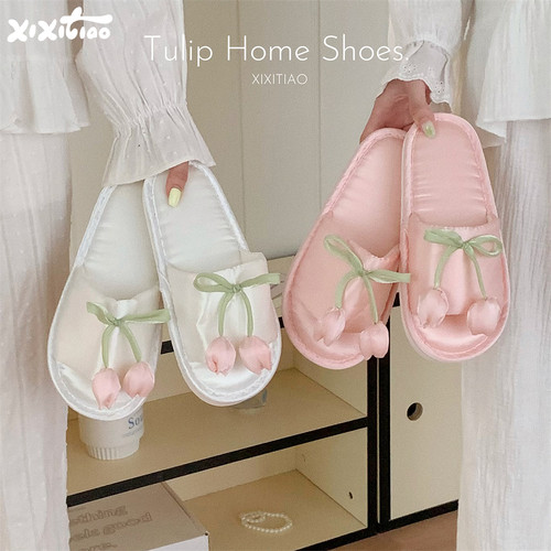 细细条蝴蝶结郁金香棉麻拖鞋女