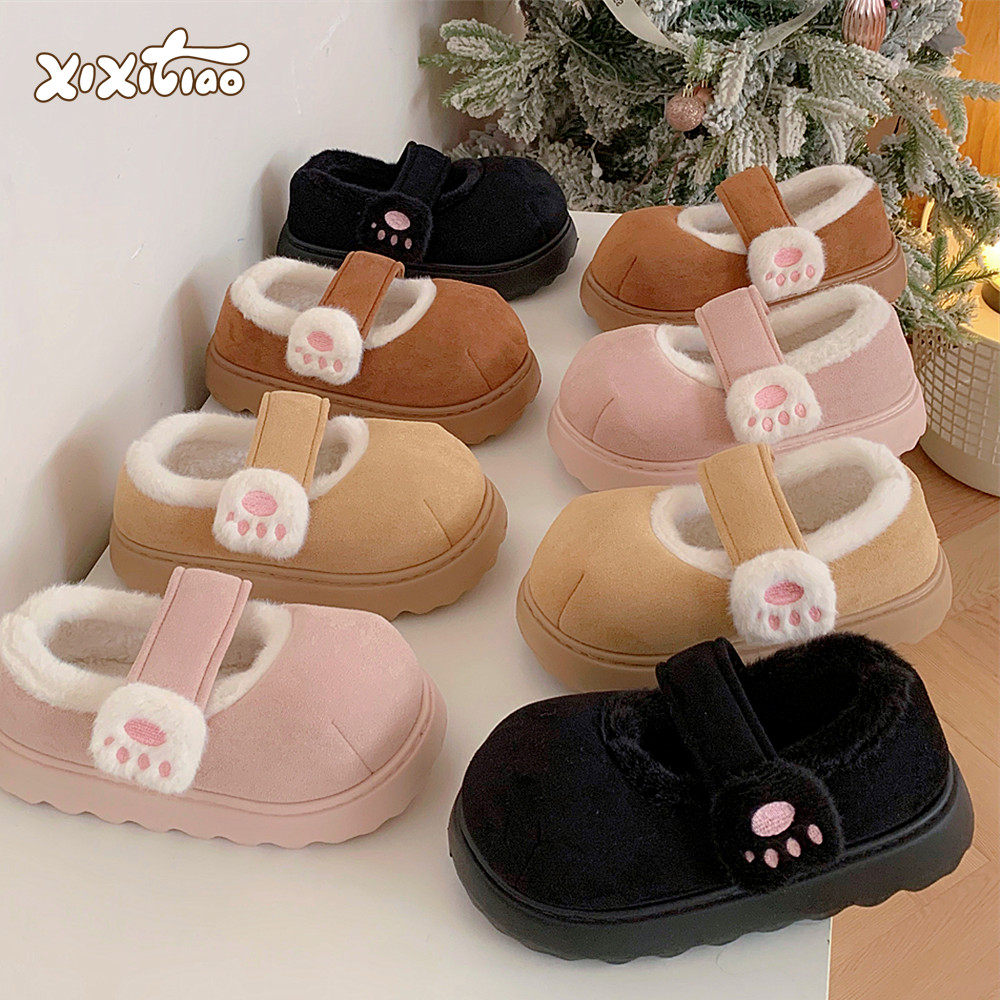 细细条 创意猫爪魔术贴圆头豆豆鞋百搭防滑冬季女士外穿休闲棉鞋,女鞋,棉鞋,淘宝优惠券,粉丝福利购,淘宝优惠卷